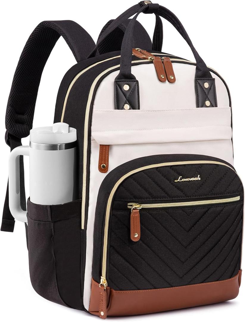 LOVEVOOK Laptop Backpack for Women with Giant Tumbler Holder Pocket, 15.6 inch School College Book Bag Nurse Teacher Backpack, Waterproof Work Travel Backpack Purse Laptop Computer Bag, Beige-Black-Brown