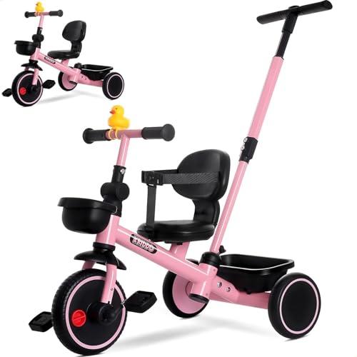 KRIDDO 2-in-1 Tricycle for Toddlers 1.5-5 Years, Push Tricycle with Parent Steering Detachable Handle, 9-Stage Adjustable Handlebar, Toddler Trike with Safety Belt, Clutch Pedals & Dual Basket, Pink