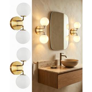 Yunnix Gold Bathroom Vanity Light, 2-Light Modern Globe Vanity Lighting Fixtures with Milk White Glass Shade, Mid Century Vanity Lights Wall Sconce Over Mirror for Hallway Entryway Set of 2