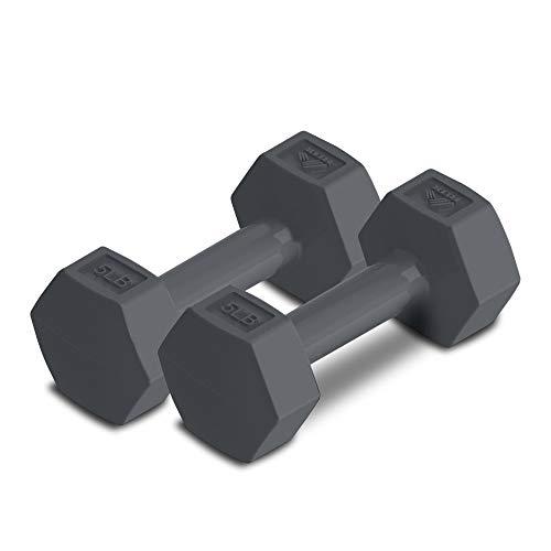 RBX Vinyl Coated Hand Weight Dumbbell Set (5lbs Each) - Hex Shaped, Roll Free for Body Building/Sculpting/Strength Training Exercise, Cement Filled, (Set of 2)