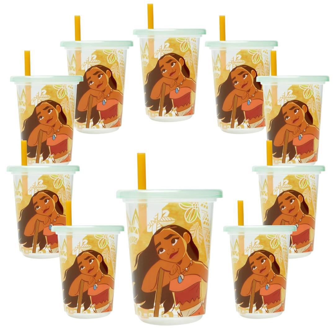 The First Years Take & Toss Moana Straw Cups - Spill-Proof Kids Cups with Snap-On Lids and Straws - Portable and Dishwasher Safe - 10 Oz - 10 Count - Ages 18 Months and Up