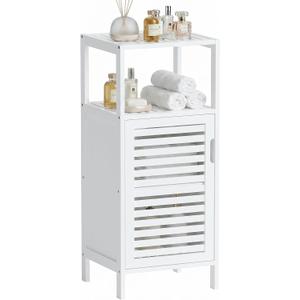 HITNET Bamboo Bathroom Storage Cabinet, 4 Tier Small White Floor Cabinet with Single Door, Free Standing Slim Narrow Storage Organizer for Living Room Entryway