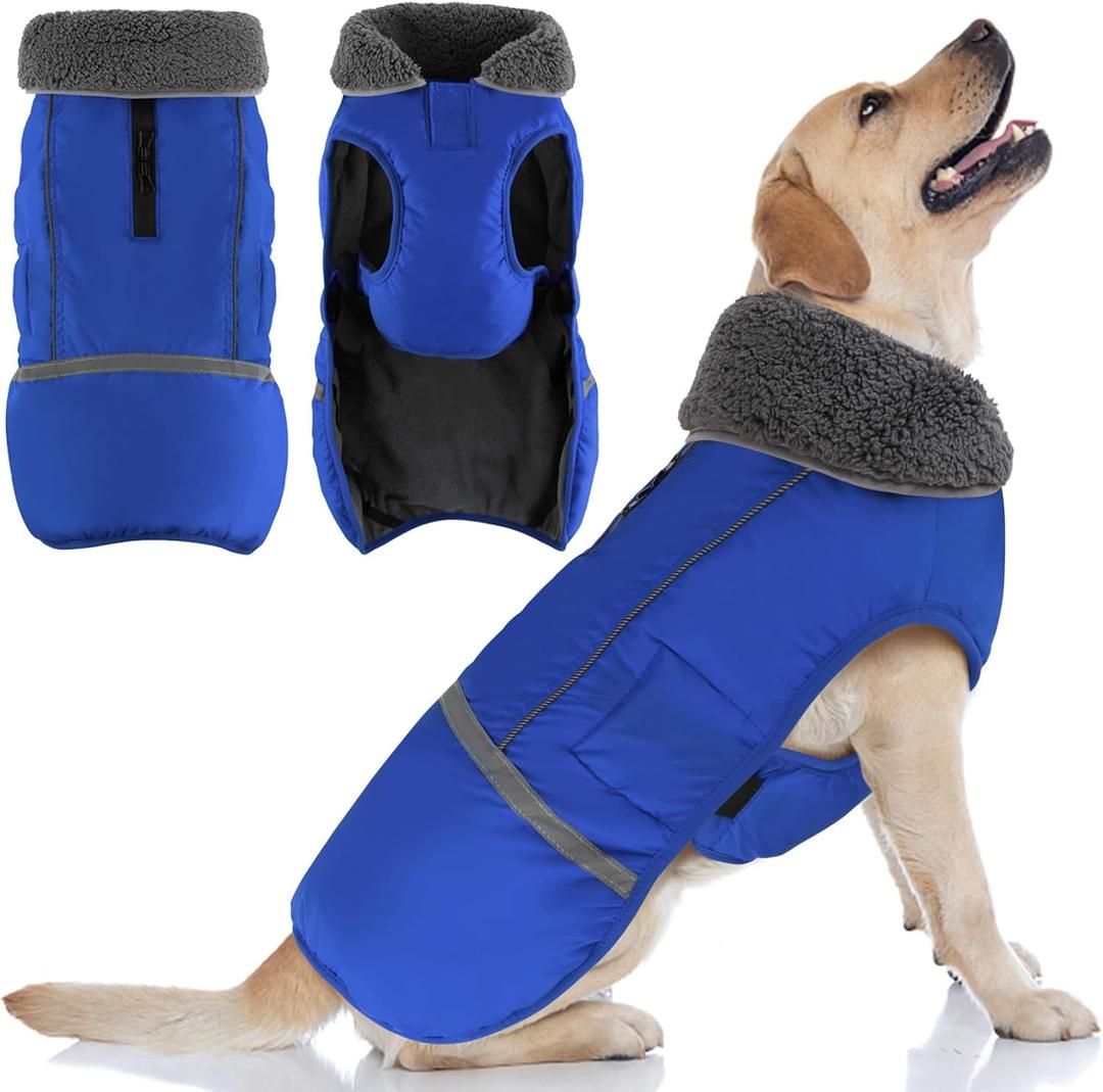 Doglay Dog Coat, Waterproof Dog Jacket Pet Winter Coat for Cold Weather with Thicken Furry Collar, Reflective Puppy Winter Jacket Warm Fleece Lining for Small Medium Large Pets (2XL(Chest :27.56-38.58" , Back : 23.62"), Blue)