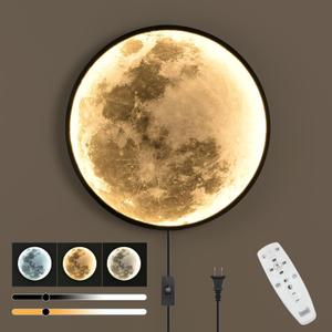 Skylumate QIYIMEILUX Dimmable Moon Wall Sconce Plug in Modern LED Wall Light with Remote Control 19.7 inch 24W Black Wall Lamp Indoor Wall Mounted Lighting Ceiling Light for Living Room Bedroom Moon