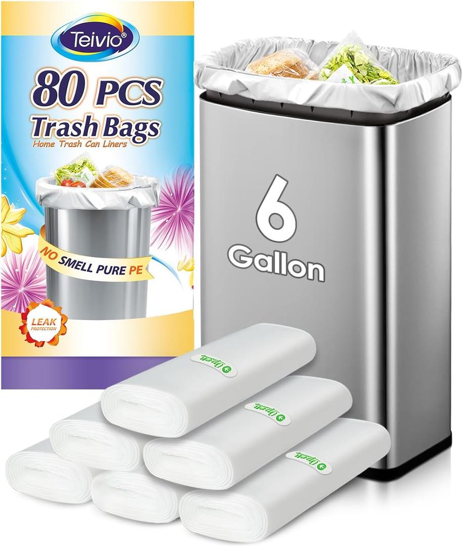 5 x Teivio 6 Gallon 80 Counts Medium Garbage Bags Trash Bags, Bathroom Trash Can Bin Liners, Plastic Bags for home office kitchen,Garden Outdoors waste,Clear