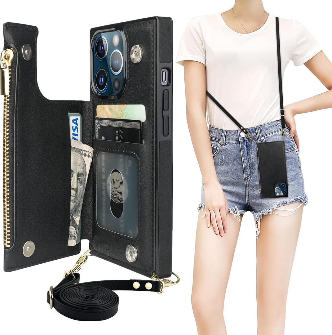 Bocasal Crossbody Wallet Case for iPhone 13 Pro with RFID Blocking Card Slot Holder, Magnetic Flip Folio Purse Case, PU Leather Zipper Handbag with Detachable Lanyard Strap 6.1 Inch 5G (Black)