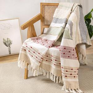AELS Decorative Boho Striped Textured Throw Blanket with Fringes & Tassels 50" x 60" for Couch Sofa Bed, Mid Century Tufted Blanket, Colorful, Fringed Bohimian Throw Blanket (Red Blue Green)