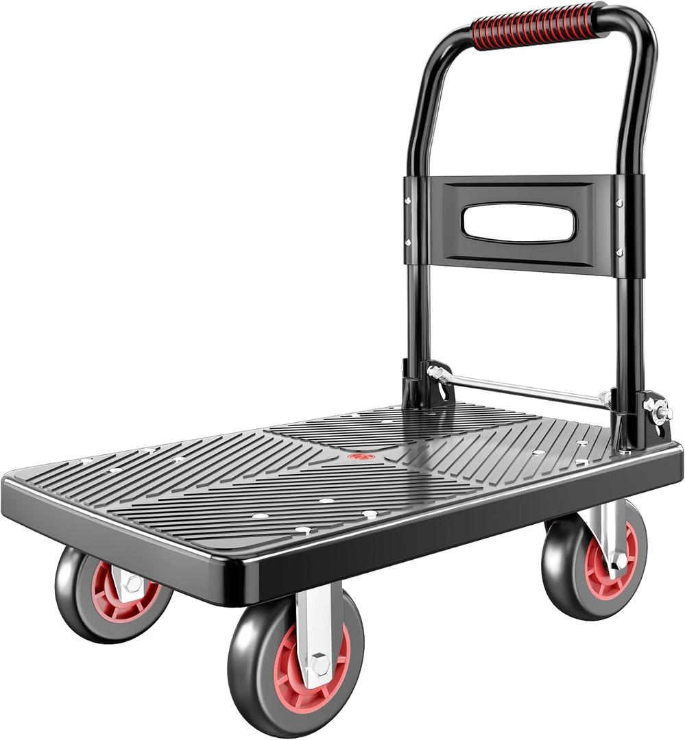 Upgraded Foldable Push Cart Dolly | 660 lbs. Capacity Moving Platform Hand Truck | Heavy Duty Space Saving Collapsible | 4‘’ TPR 360-Degree Silent Wheels | 2 Swivel Wheels and 2 Fixed Wheels