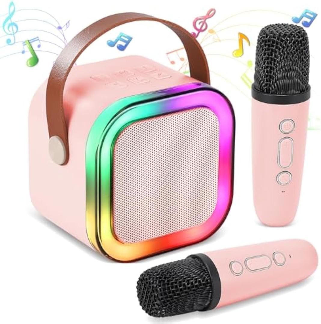 Mini Karaoke Machine for Kids, Portable Bluetooth Speaker with 2 Wireless Microphones,Christmas and Birthday Gifts Suitable for Girls Aged 4 to 12(Pink)