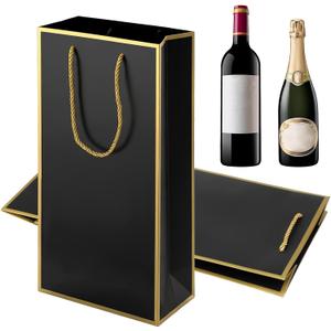 7"X3.5"X13.8" Double Wine Gift Bag, 2 PCS Luxury Wine Bottle Gift Bags, Reusable Liquor Bag with Gold Foil Print, Whiskey/ Liquor 2 Bottle Wines Bags with Handles for Party Wedding Birthday Supplies