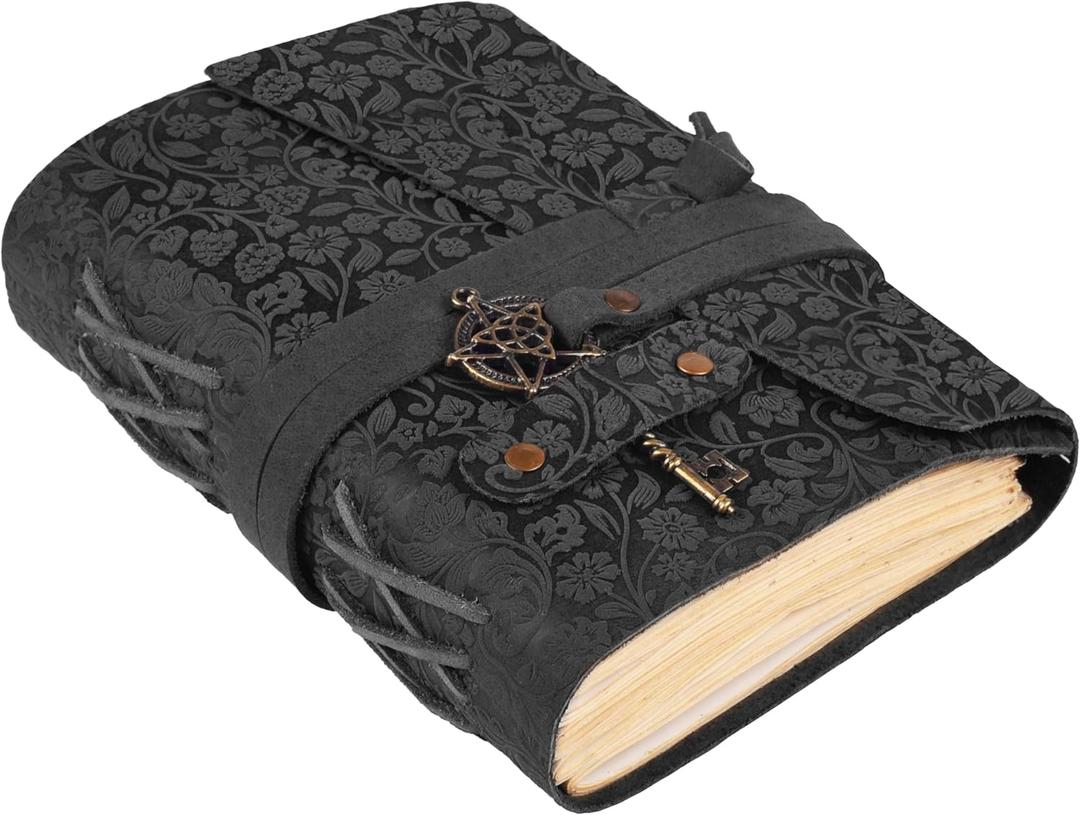 LEATHER VILLAGE Handmade Leather Bound Floral Embossed Journal for Women | 260 Pages Blank of Vintage Paper Writing, Sketchbook, Notebook - Black - 10X7 Inches