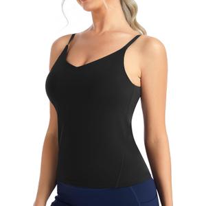 THE GYM PEOPLE Women's Longline V Neck Sports Bra with Removable Pads Adjustable Spaghetti Strap Yoga Workout Cami Tank Tops (Black, XL)
