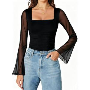Avidlove Bodysuits for Women Long Bell Sleeve Mesh Square Neck Body Suits Going Out Tops Country Concert Outfits (Small, Black)