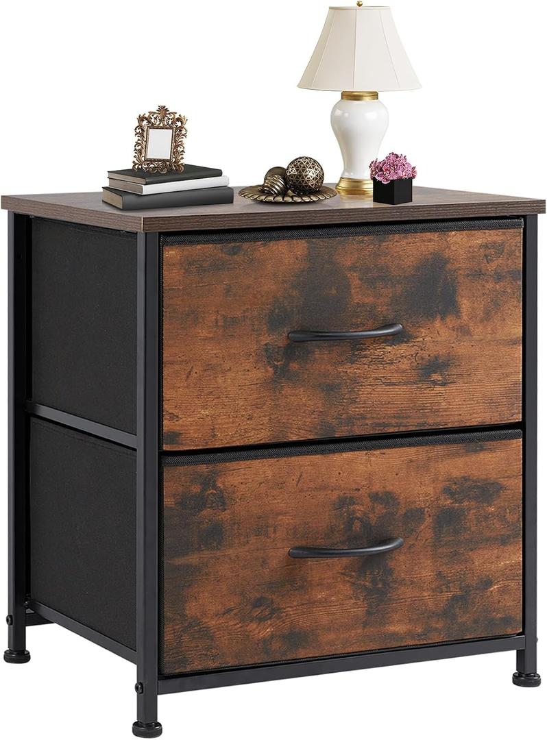 DUMOS Nightstand Small Dresser with 2 Fabric Drawers Side Bedroom End Table Kids Bedside Storage Furniture for 20 inch Tall Night Stand for Closet, Entryway, College Dorm, Rustic Brown, 11.8"D x 18"W x 20"H