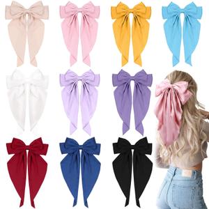 10 PCS Large Hair Ribbon Barrettes with Long Tails for Women & Girls, TOKUFAGU Vintage French Hair Accessories - Bow Clips in 10 Colors (Set A)