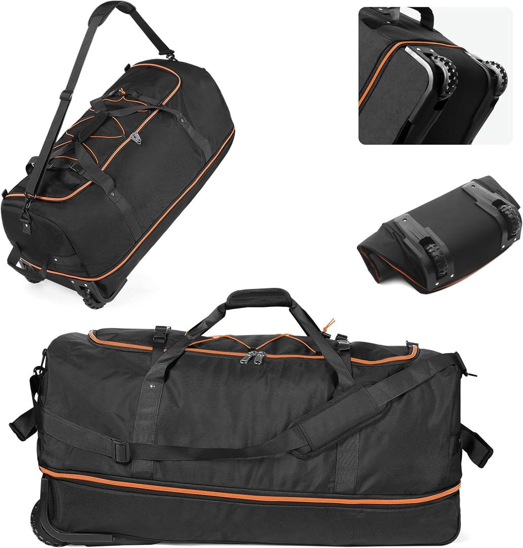 CONTAIL 32-Inch Rolling Duffle Bag, Expandable 110L-140L Capacity, Soft-Sided Foldable Design with Dual Wheels, No Traditional Telescoping Handle, for Travel, Business, Camping,Black-orange