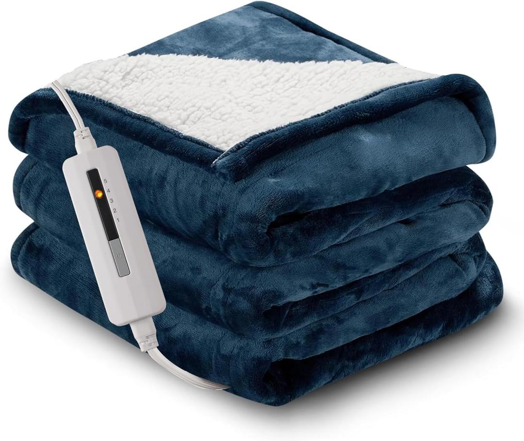 RALYSUN Electric Heated Blanket Queen Size 84"x90"  DualSided with Microplush & Sherpa Fabric, 4 Heat Settings & 10 Hours Auto Off, Dual Controller, Machine Washable  Dark Blue