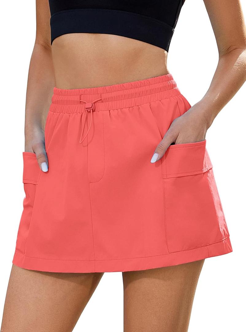 luvamia Skorts for Woman High Waisted Pull On Elastic Waist Cargo Pockets Quick Dry Hiking Tennis Sports Skirt Shorts (Red, XXL)