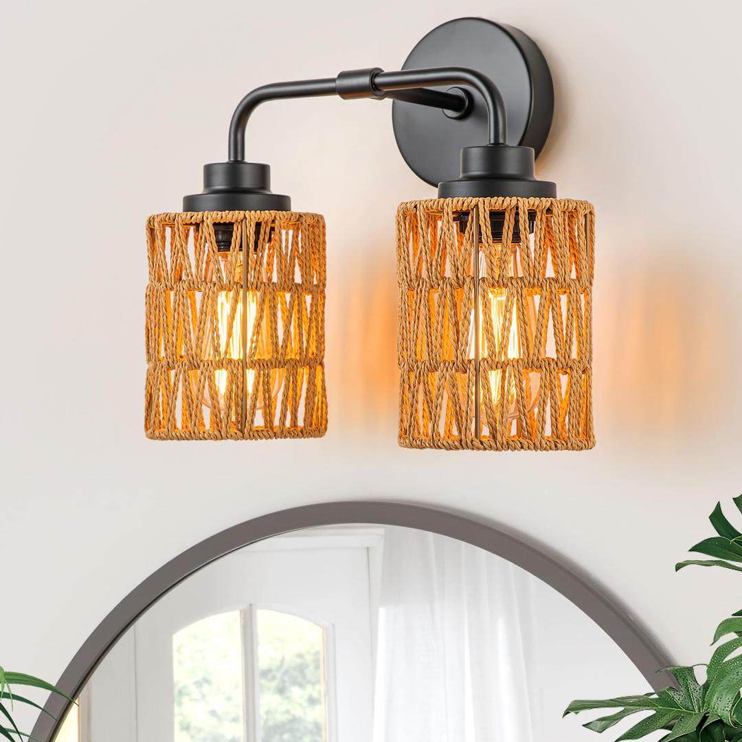 2Light Farmhouse Bathroom Vanity Light Fixtures Over Mirror, Wood Rustic Boho Rattan Wall Sconce with Hand Woven Wicker Lampshade, Black Wall Lighting for Hallway, Living Room, Bedroom, Spa Room