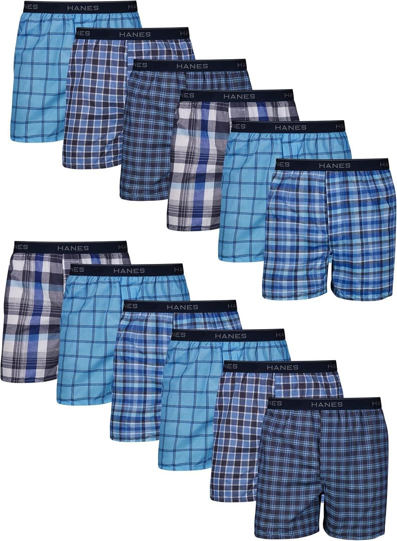 Hanes Men's Underwear Boxers Pack, Cool & Breathable Cotton Underwear, Moisture-Wicking Boxers for Men (Large, Blue Plaid - 12 Pack)