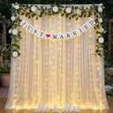 5 Pcs Just Married Decorations Kit, All-in-one Wedding Decor with 5.5x16.4ft White Tulle Backdrop with Lights, Mr and Mrs Sign, 2 Flower Garlands, Wedding Banner for Reception, Party