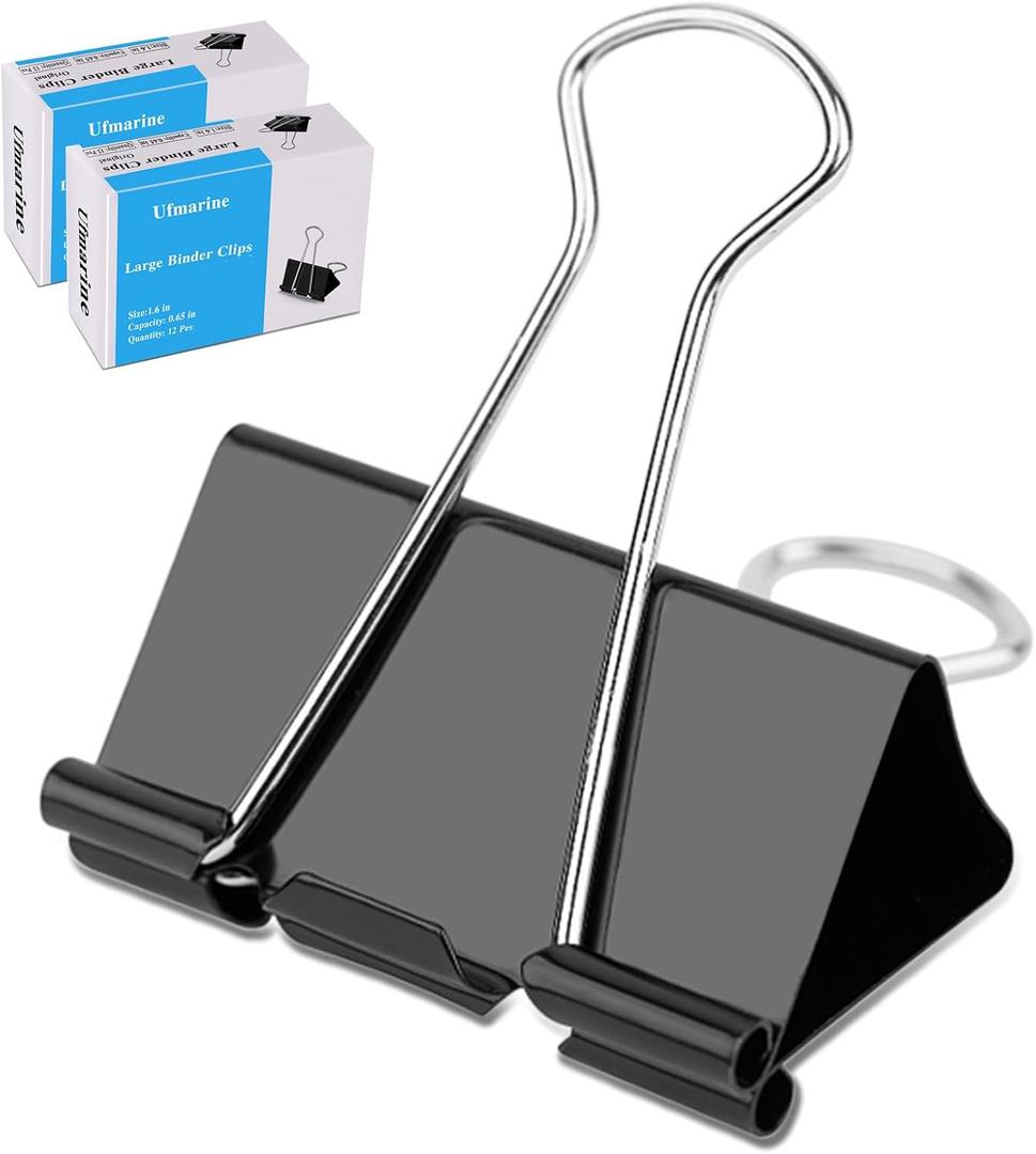 2 x Ufmarine Large Binder Clips, 1.6 Inch Length, (24 Pcs) Big Binder Clips Paper Clamps for Office