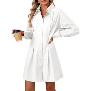 OUKODS Womens Button Down Shirt Dresses Cotton Button Up Tunics Long Sleeve Solid High Low Blouse Waist Up Dress, White, Small