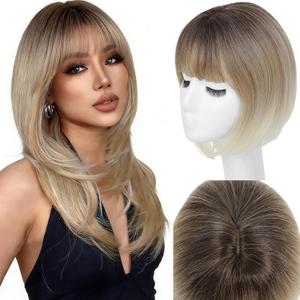 Jinhui Hair Toppers for Women with Thinning Hair, 12 Inch Toppers Hairpieces for Women with Wispy Clip in Bangs Realistic Scalp & Parting Wiglets for Daily Use (RT6/27/613)