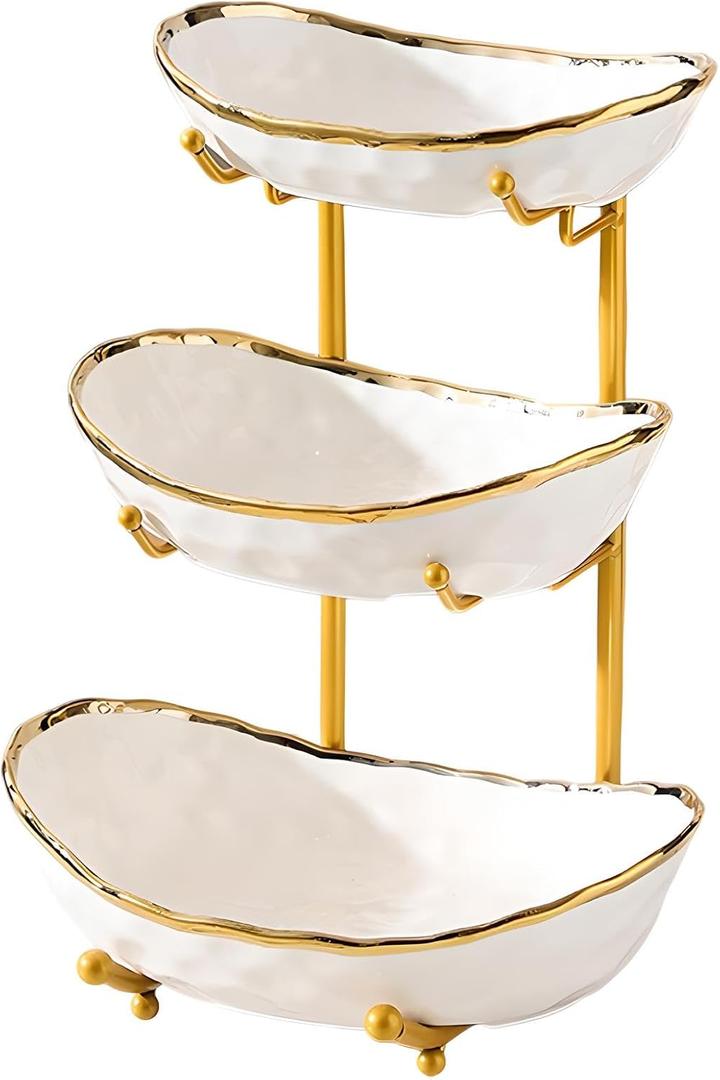 XUDREZ 3 Tier Fruit Bowl with Metal Stand for Kitchen Counter, Ceramic White Gold Silver, Tiered Fruit Basket for Nuts, Snacks, Bread, Candy Storage (White A)