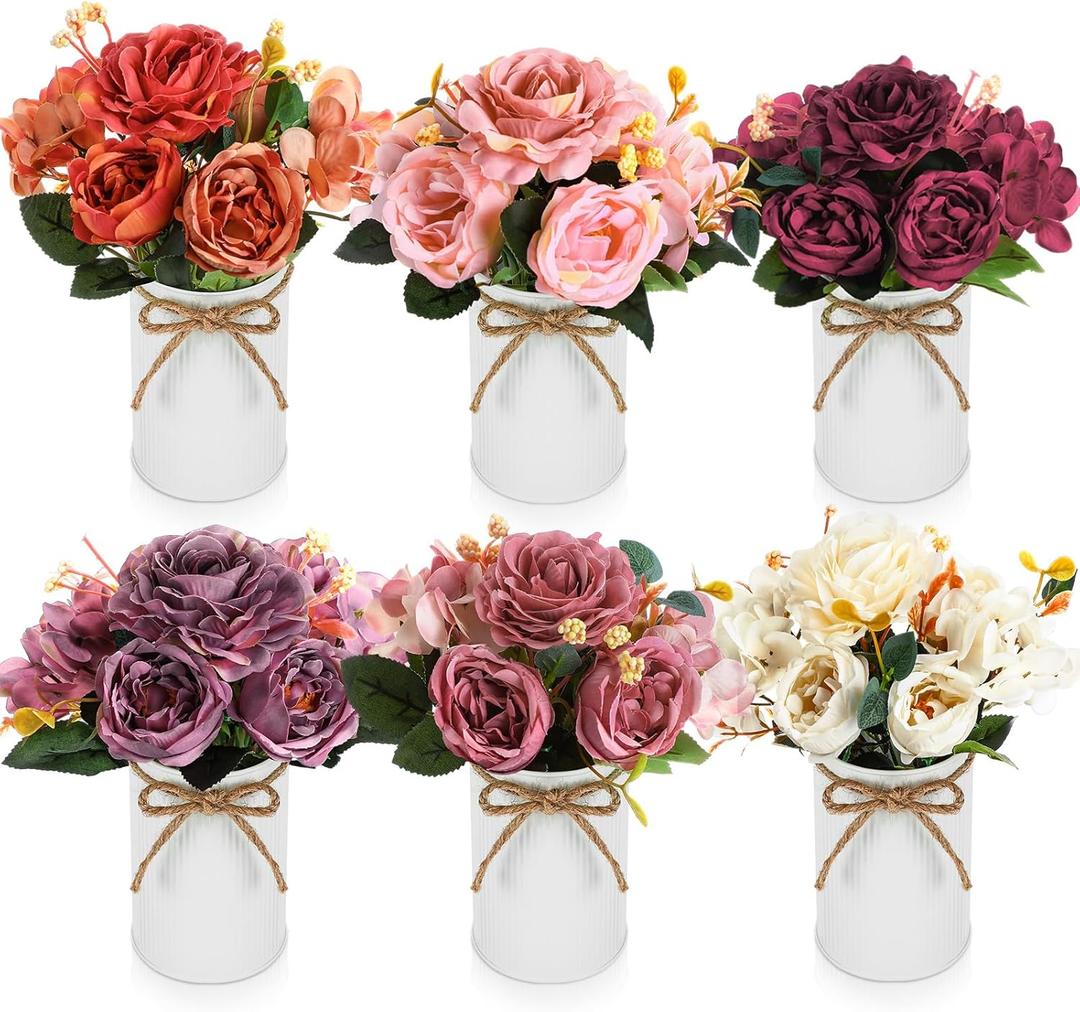 6 Sets Artificial Fall Thanksgiving Centerpiece for Tables Faux Peonies Flowers with Galvanized Pots Vintage Purple Orange Autumn Floral Bouquets for Wedding Dining Table Home Party Decor