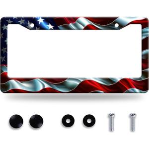 Abstract American Flag License Plate Frame Patriotic Waves USA Flag License Plate Holder Funny License Plate Stainless Steel Personalise Car Accessory for Men Women Car Decoration 12.3" x 6.3"