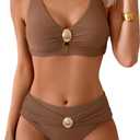 Eomenie Bikini Sets for Women Color Block Two Piece Bathing Suit V Neck Tie Back Swimsuit (Brown, S)