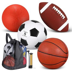 Lenwen 4 Pcs Sports Balls Set for Teen Adult, Include Official Size Basketball Soccer Football Playground Ball Pump Equipment Bag Ball Gifts Back to School(Brownish Red)