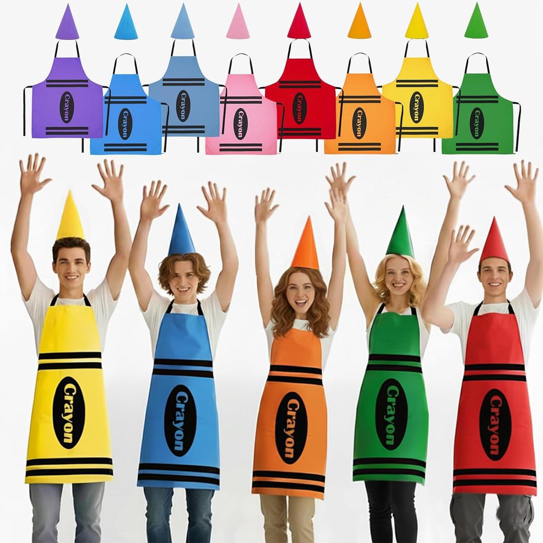 16 PCS Group Halloween Costumes for Adults, 8 Color Crayon Costume Crayon Apron and Cone Hat Costume Set  Unisex One Size, Felt Hats & Cotton Aprons for Halloween,Theme Parties, Family Dress-Up