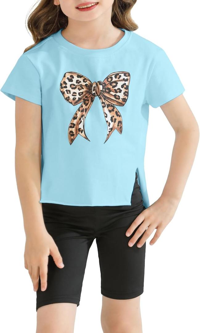 Girls Butterfly Graphic T Shirt Cute Short Sleeve Tees Summer Tops Crewneck Side Slit Shirt (160, Blue)