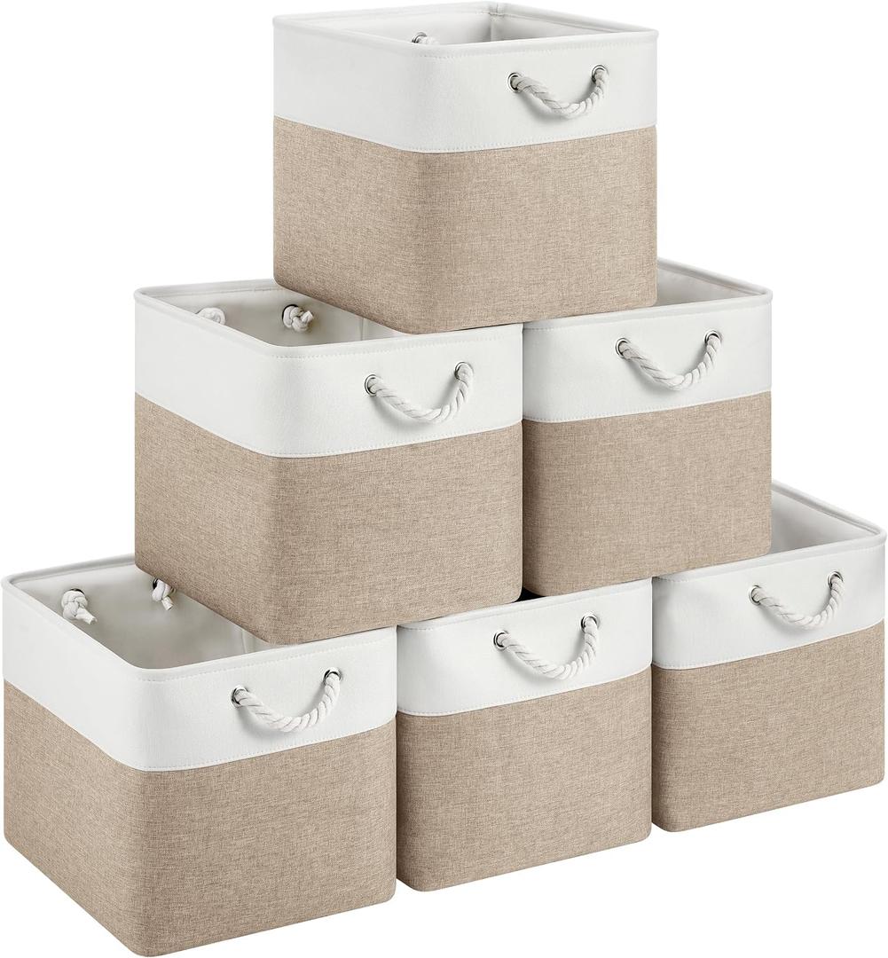 13x15x13 Storage Cube Bins, Heavy Duty Foldable Fabric Storage Bins with Handles and Metal Frame, 6 Pack Large Closet Organizer Bins for Clothes, Socks, Towels, White Khaki