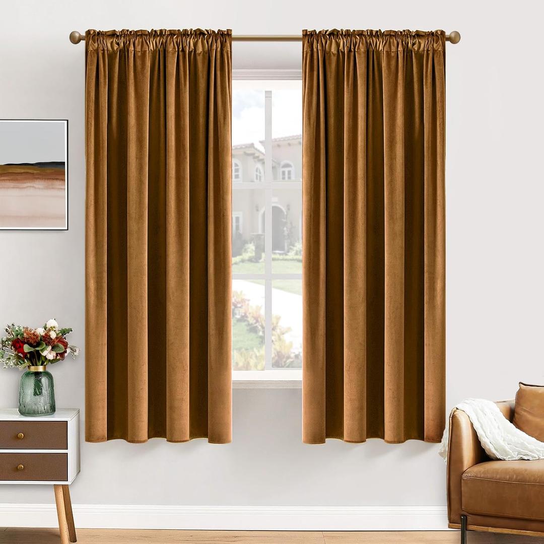 MIULEE Golden Brown Velvet Curtains Thermal Insulated Blackout Curtain Drapes for Bedroom Living Room Darkening 63 Inches Long Curtains Panels Rod Pocket Set of 2, Size: 52"W x 63" L