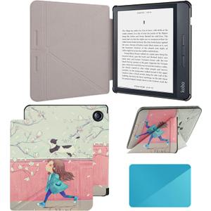 Fit for Kobo Libra H2O Case e-Reader, Lightweight Premium PU Leather Protective Cover with Auto Sleep/Wake, Black. (Cartoon Girl, One Size)