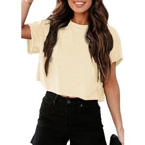 UNCLECAT Women's Cropped T Shirts Trendy Short Sleeve Crew Neck Crop Tops Solid Basic Tee, Large, Beig