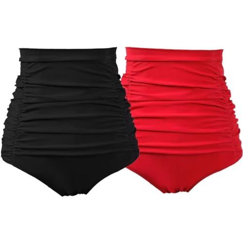 COCOPEAR Women's Ruched High Waisted Bikini Bottom Retro Vintage Swim Short Tankinis (Pack of 2) Black+Red L/8-10