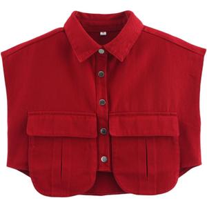 Perbai Womens Cropped Button Down Shirt Summer Collared Sleeveless Loose Denim Top with Pockets (Red, M)