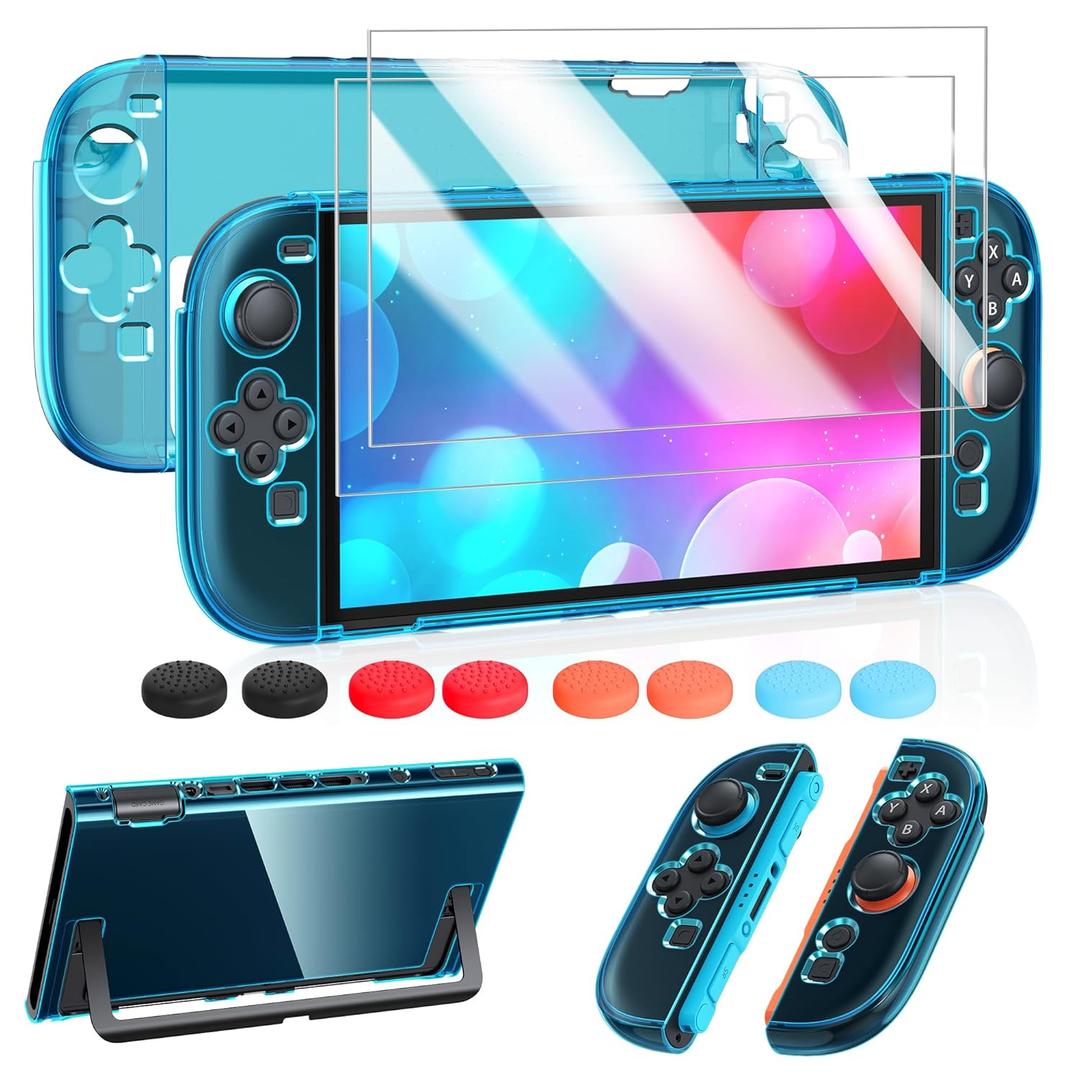 FYOUNG Protective Case for Nintendo Switch 2 2025, Slim Hard Shell for Switch 2 Accessories, Scratch & Shock Protection Cover with Screen Protector, 8 Thumb Grip(Translucent Blue, Switch 2 7.9inch)