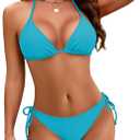 Women Bikini Set Triangle String Tie Two Piece Swimsuit | Low Rise Side Tie Cheeky Bottom, Removable Pad, Adjustable Sexy Tie Back, Halter V Neck, Push Up, High Cut Leg, Bathing Suit (Blue, S)