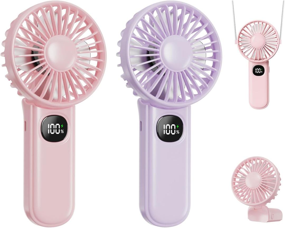 2-Pack Mini Portable Handheld Fan,5 Adjustable Speeds Personal Fan with Lanyard,180 Foldable Small Hand Fans for Makeup,Home,Office,Travel and Outdoor Activities(Pink +Purple)