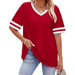 WIHOLL Womens T Shirts Loose Fit Short Sleeve Tees V Neck Color Block Summer Tops 2026 Fashion S-4XL (XXL)