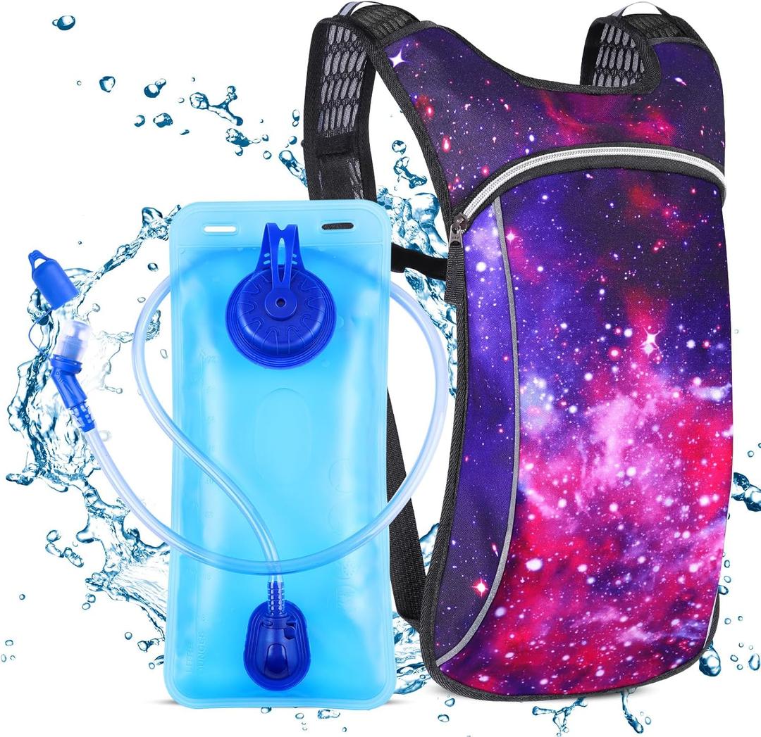 Rave Hydration Pack, Hydration Backpack with 2L Hydration Bladder, Festival Essential Water Backpack for Hiking, Running, Cycling, and Music Festivals (Purple Starry)