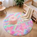 Rainbow Round Rug for Bedroom, 4Ft Fluffy Circle Area Rugs for Living Room, Shag Fuzzy Carpet for Kids Room, Nursery, Dorm, Classroom, Teen, Cute Baby Play Mat Home Decor Aesthetic