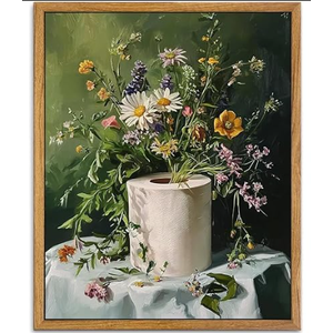 Vintage Floral Bath Wall Art Dark Green Botanical Flowers Canvas Painting Colorful Flower Pictures Vintage Wildflowers Print Botanical Print Artwork for Bathroom Toilet Decor 12"x16" 