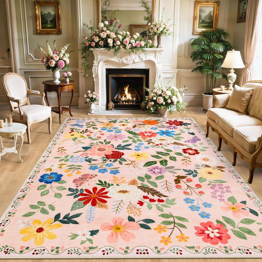Area Rug 9x12 Living Room: Floral Washable Boho Soft Carpet Beige