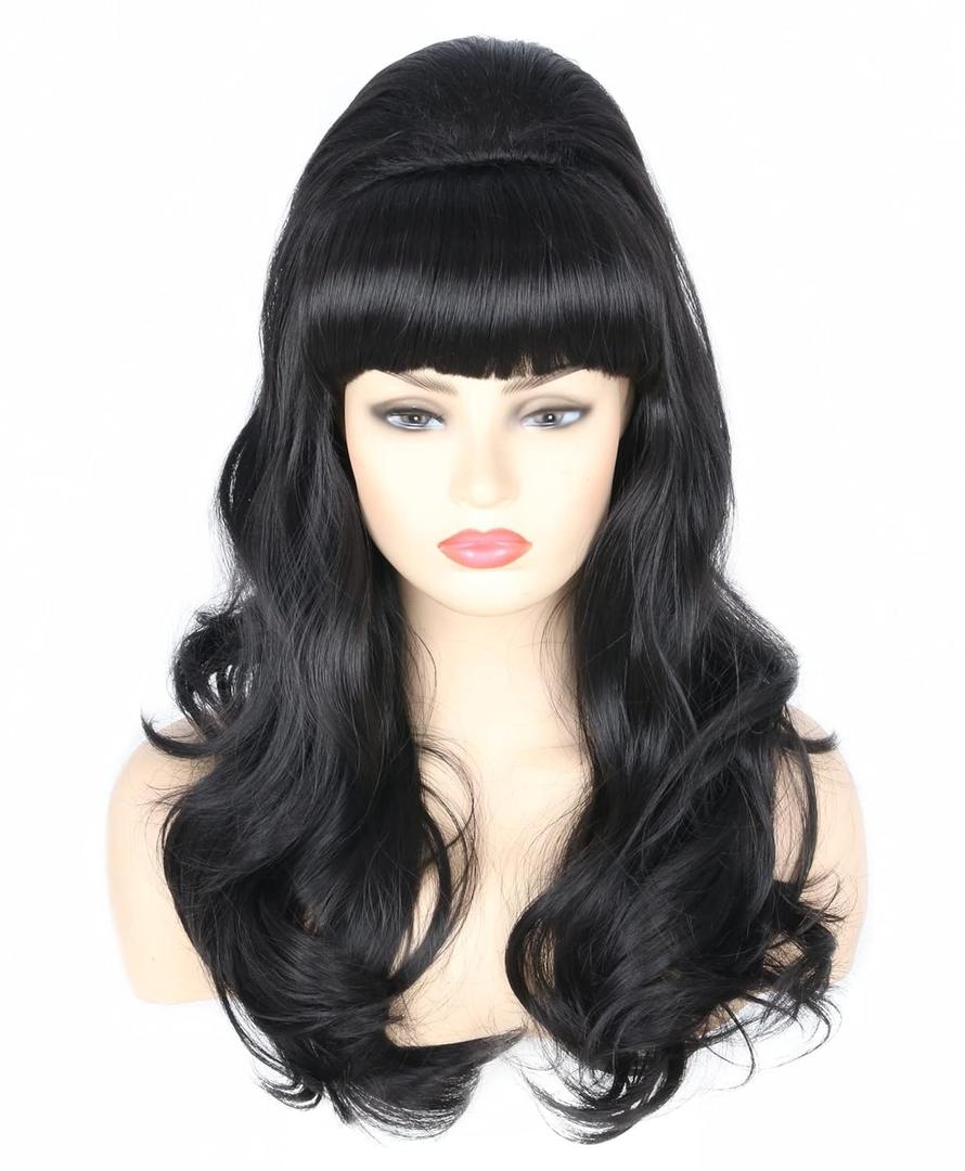 Topcosplay Women Wigs Black Beehive Wigs Bouffant Wig Long Wavy Halloween 60s 70s Costume Party Wig